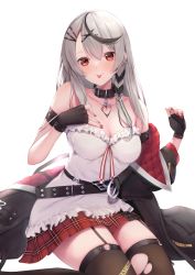 Rule 34 | 1girl, :p, bare shoulders, black gloves, black hair, blush, braid, breasts, camisole, cleavage, collar, fingerless gloves, garter straps, gloves, grey hair, hair ornament, highres, hololive, ichi-go, large breasts, long hair, looking at viewer, multicolored hair, off-shoulder jacket, off shoulder, plaid, plaid skirt, red eyes, sakamata chloe, skirt, solo, streaked hair, thighhighs, tongue, tongue out, torn clothes, torn thighhighs, virtual youtuber, white camisole, x hair ornament