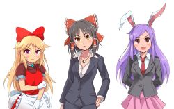Rule 34 | 3girls, animal ears, black hair, blonde hair, blush, bow, breasts, brown eyes, character request, cleavage, collarbone, cookie (touhou), enperuto (yarumi), extra ears, gloves, hair bow, hair tubes, hakurei reimu, hand on own hip, highres, hisui (cookie), long hair, looking at viewer, medium breasts, multiple girls, necktie, open mouth, parted lips, pink eyes, pink skirt, puffy short sleeves, puffy sleeves, purple hair, rabbit ears, red bow, red eyes, red neckwear, reisen udongein inaba, sananana (cookie), short hair, short sleeves, skirt, smile, touhou, transparent background, white gloves, yin yang