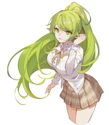 Rule 34 | 1girl, bad id, bad pixiv id, breasts, brown skirt, character request, cropped legs, elsword, eyebrows hidden by hair, green eyes, green hair, hair between eyes, hand up, large breasts, long hair, long sleeves, looking at viewer, machi (7769), parted lips, plaid, plaid skirt, pleated skirt, pointy ears, ponytail, rena erindel, shirt, simple background, skirt, smile, solo, very long hair, white background, white shirt
