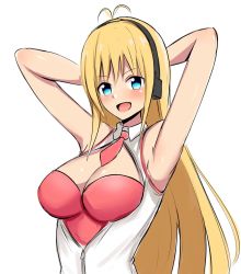 Rule 34 | 1girl, :d, antenna hair, aqua eyes, armpits, arms behind head, arms up, bare shoulders, baretto (karasi07), black hairband, blonde hair, blush, breasts, cleavage, cleavage cutout, clothing cutout, hairband, highres, large breasts, long hair, looking at viewer, necktie, open clothes, open mouth, open vest, partially unzipped, red necktie, simple background, smile, solo, straight hair, tsurumaki maki, upper body, v-shaped eyebrows, very long hair, vest, voiceroid, white background, white vest, wing collar