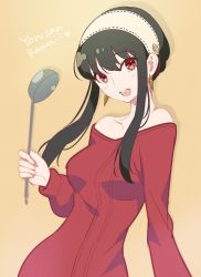 Rule 34 | 1girl, absurdres, bare shoulders, black hair, blush, breasts, collarbone, earrings, hairband, highres, holding, holding ladle, jewelry, ladle, long hair, long sleeves, looking at viewer, nishimura eri, open mouth, red eyes, red sweater, solo, spy x family, sweater, yor briar