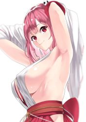 Rule 34 | 1girl, armpit focus, armpits, arms up, azur lane, breasts, detached sleeves, from side, hip vent, honoka (doa), large breasts, long sleeves, looking at viewer, looking to the side, obi, ootani nonno, pink hair, pov armpits, red eyes, revealing clothes, sash, short hair, sideboob, simple background, smile, solo, upper body, white background, wide sleeves