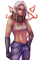 Rule 34 | 1girl, abs, bare shoulders, black gloves, breasts, clothes around waist, dark-skinned female, dark skin, elbow gloves, eyeliner, facial tattoo, fingerless gloves, fringe trim, gloves, hand on own hip, highres, impa, lips, long hair, makeup, midriff, nintendo, no shirt, nose, pointy ears, raven-igma, red eyes, sarashi, scarf, small breasts, solo, tattoo, the legend of zelda, toned, white hair