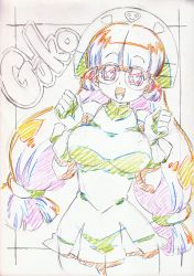 Rule 34 | 1girl, :d, breasts, character name, glasses, gluko, highres, mon colle knights, open mouth, sketch, smile, solo, standing, tagme, twintails