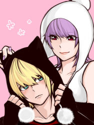 Rule 34 | 1boy, 1girl, animal ears, ayane (doa), blonde hair, blue eyes, blush, cat ears, dead or alive, eliot (doa), fingerless gloves, gloves, hachuurui, light purple hair, looking at another, nail polish, red eyes, shirt, simple background, smile, striped clothes, striped shirt