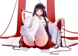 Rule 34 | 1girl, allenes, ass, black hair, blunt bangs, blush, breasts, foot focus, foreshortening, greek toe, highres, japanese clothes, large breasts, long hair, looking at viewer, miko, original, partially visible anus, red eyes, red rope, rope, soles, solo, thighhighs, toes, white thighhighs