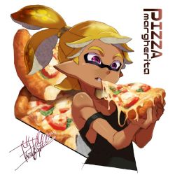 Rule 34 | 1boy, artist name, black shirt, blonde hair, closed mouth, cropped torso, dark-skinned male, dark skin, eating, english text, food, holding, holding food, inkling, inkling boy, inkling player character, isamu-ki (yuuki), male focus, mask, mouth hold, nintendo, pizza, pointy ears, purple eyes, scrunchie, shirt, short hair, signature, solo, standing, strap slip, tank top, topknot, upper body, white background