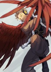 Rule 34 | 1boy, blonde hair, boku no hero academia, bomber jacket, boots, brown pantyhose, commentary, facial hair, feathered wings, feathers, gloves, goggles, hawks (boku no hero academia), headphones, highres, holding, holding feather, jacket, kogu (nue insideout), male focus, pantyhose, parted lips, red feathers, red wings, short hair, solo, spiked hair, stubble, symbol-only commentary, tinted eyewear, wings, yellow-tinted eyewear
