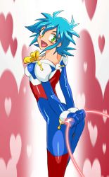 Rule 34 | 1girl, :d, allenby beardsley, arms behind back, ass, blue bodysuit, blue hair, bodysuit, breasts, commentary request, from behind, g gundam, gloves, green eyes, gundam, heart, looking at viewer, medium breasts, mobile trace suit, multicolored bodysuit, multicolored clothes, onnaski, open mouth, red bodysuit, short hair, skin tight, smile, solo