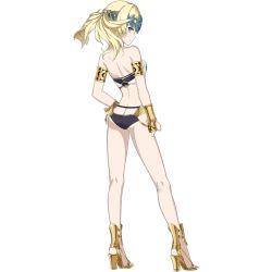 Rule 34 | 1girl, armlet, ass, back, bare shoulders, black panties, blonde hair, blue eyes, boots, bra, breasts, butt crack, fate/grand order, fate (series), from behind, gold trim, headpiece, highres, looking at viewer, looking back, lowleg, lowleg panties, panties, pollux (fate), revealing clothes, small breasts, thighs, transparent background, underwear, white bra