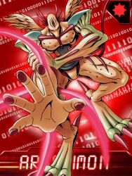 Rule 34 | arkadimon adult, digimon, digimon (creature), energy, horns, looking at viewer, lowres, monster, muscular, muscular male, official art, open hand, red eyes, wings