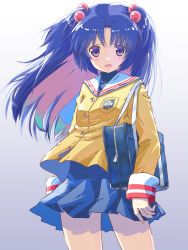 Rule 34 | 1girl, :d, akayama yukihe, bag, blue hair, blue skirt, blush, clannad, commentary, cowboy shot, eyes visible through hair, floating clothes, floating hair, grey background, hair bobbles, hair ornament, highres, hikarizaka private high school uniform, holding, holding bag, ichinose kotomi, jacket, long hair, long sleeves, looking at viewer, miniskirt, open mouth, parted bangs, pleated skirt, purple eyes, sailor collar, school bag, school uniform, simple background, skirt, smile, solo, standing, two side up, white sailor collar, wind, wind lift, yellow jacket