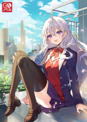 Rule 34 | 1girl, absurdres, ahoge, black thighhighs, blazer, blue sky, bow, bowtie, braid, brown footwear, building, cloud, cloudy sky, collared jacket, cover, cover image, crossed bangs, day, elaina (majo no tabitabi), floating hair, grey hair, hair between eyes, highres, jacket, loafers, long hair, long sleeves, looking at viewer, majo no tabitabi, majo no tabitabi: gakuen, necomi, novel illustration, official art, open clothes, open jacket, open mouth, outdoors, petals, purple eyes, school uniform, shoes, sitting, skirt, sky, smile, solo, striped bow, striped bowtie, striped clothes, thighhighs, thighs, zettai ryouiki