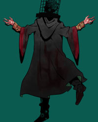 Rule 34 | 1boy, black cloak, black footwear, blood on clothes, blood on hands, bloodborne, boots, cage, cloak, from behind, green background, hands up, highres, hood, hood down, hooded cloak, kureson (hayama baa), layered sleeves, leg up, long sleeves, male focus, mensis cage, micolash host of the nightmare, short hair, simple background, solo, standing, standing on one leg, wide sleeves
