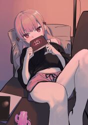 Rule 34 | 1girl, absurdres, alternate costume, alternate hairstyle, barefoot, black shirt, blue archive, blush, book, couch, haniwa (statue), highres, holding, holding book, koharu (blue archive), long hair, looking at viewer, phallic symbol, pillow, pink hair, reclining, red eyes, shirt, short shorts, shorts, solo, sweat, syhan