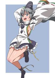 Rule 34 | 1girl, black footwear, black hat, black skirt, blue eyes, blush, breasts, detached sleeves, frilled skirt, frills, grey hair, gyouza (mhea5724), hat, highres, japanese clothes, kariginu, long hair, mononobe no futo, open mouth, pom pom (clothes), ponytail, ribbon-trimmed sleeves, ribbon trim, shoes, sideboob, skirt, small breasts, smile, solo, tate eboshi, touhou, white sleeves, wide sleeves