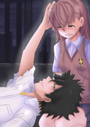 1boy 1girl absurdres artist_request black_eyes black_hair blush breasts brown_hair clenched_teeth closed_eyes comforting crying headpat highres kamijou_touma lap_pillow legs lying_on_lap medium_hair misaka_mikoto pointy_hair scene_reference school_uniform sitting skirt small_breasts smile source_request tears teeth thighs toaru_kagaku_no_railgun toaru_majutsu_no_index