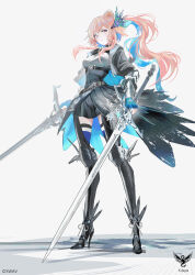 Rule 34 | 1girl, armor, artist name, belt, bird hair ornament, character name, commentary request, dual wielding, feathers, fingerless gloves, gloves, hair ornament, high heels, highres, holding, hololive, hololive english, long hair, official art, orange hair, pleated skirt, ponytail, purple eyes, simple background, skindentation, skirt, solo, swav, sword, takanashi kiara, takanashi kiara (knight), virtual youtuber, weapon, white background, zweihander