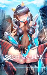 Rule 34 | 1girl, black hair, blue eyes, blush, boots, breasts, building, city, collarbone, day, denkou choujin gridman, denkou choujin gridman: boys invent great hero, destruction, elbow gloves, fingerless gloves, giant, giantess, gloves, gridman universe, headgear, high heels, highres, long hair, looking at viewer, mecha musume, medium breasts, midriff, nose blush, open mouth, outdoors, rubbing, sidelocks, silly (marinkomoe), size difference, solo, ssss.gridman, suggestive fluid, takarada rikka, thigh boots, thighhighs, thong