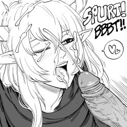 Rule 34 | 1boy, 1girl, absurdres, arknights, bb (baalbuddy), cum, doctor (arknights), ejaculation, english text, fellatio, greyscale, hetero, highres, horns, monochrome, oral, penis, pointy ears, shining (arknights), simple background, speech bubble, white background