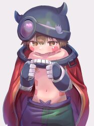 Rule 34 | 1boy, aq gohan, black shorts, brown eyes, brown hair, cape, child, collarbone, dark skin, facial mark, green shorts, hair between eyes, helmet, highres, made in abyss, mechanical arms, multicolored clothes, multicolored shorts, navel, nipples, own fingers together, pout, red cape, regu (made in abyss), short hair, shorts, simple background, solo, tears, topless male, white background