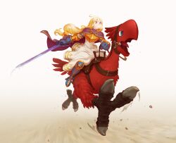 Rule 34 | 1girl, absurdres, ahoge, beak, bird, blonde hair, blue cape, blue eyes, blue gloves, boots, cape, chocobo, commission, feathers, final fantasy, final fantasy tactics, gloves, highres, holding, holding reins, holding sword, holding weapon, long hair, open mouth, ovelia atkascha, purple eyes, red feathers, reincarnation, reins, riding, riding animal, riding bird, saddle, second-party source, smile, sword, talons, tanya degurechaff, weapon, xoi, youjo senki
