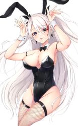 Rule 34 | 1girl, :p, alternate costume, animal ears, arm strap, armpits, arms up, azur lane, black bow, black bowtie, black leotard, black ribbon, blush, bow, bowtie, breasts, cleavage, closed mouth, collarbone, covered navel, cowboy shot, cross, cross earrings, detached collar, earrings, fake animal ears, fishnet thighhighs, fishnets, groin, hair ribbon, highleg, highleg leotard, highres, jewelry, large breasts, leotard, long hair, looking at viewer, multicolored hair, nankaichimu, playboy bunny, prinz eugen (azur lane), rabbit ears, rabbit pose, red eyes, red hair, ribbon, silver hair, smile, solo, straight hair, strapless, strapless leotard, streaked hair, thighhighs, tongue, tongue out, two side up, very long hair, wrist cuffs