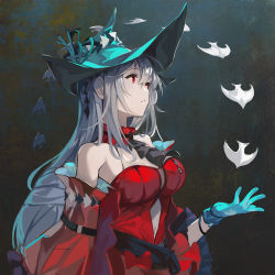 Rule 34 | 1girl, aqua gloves, aqua hat, arknights, ascot, bare shoulders, black ascot, clothing cutout, dress, gloves, hair between eyes, hat, highres, long hair, looking up, navel, navel cutout, official alternate costume, parted lips, red dress, red eyes, silver hair, skadi (arknights), skadi the corrupting heart (arknights), solo, upper body, very long hair, zuiqiang zayu