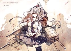 Rule 34 | 10s, 1girl, bare shoulders, cannon, cis (carcharias), kantai collection, long hair, looking at viewer, monochrome, navel, necktie, personification, ponytail, red eyes, shirt, skirt, sleeveless, sleeveless shirt, solo, spot color, yahagi (kancolle)