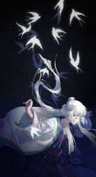 Rule 34 | 1girl, bai yuxiu, bird, bireabcd, chinese clothes, curled fingers, closed eyes, feng ling yu xiu, hand up, hanfu, highres, jumping, sash, solo, white hair, wide sleeves