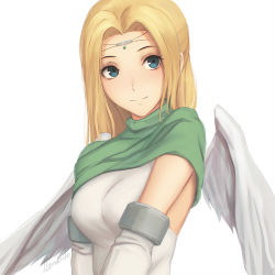 Rule 34 | 1girl, angel wings, arms at sides, bad id, bad pixiv id, blonde hair, blue eyes, breasts, closed mouth, commentary request, detached sleeves, facial mark, forehead mark, green scarf, long hair, looking at viewer, medium breasts, miura-n315, scarf, signature, simple background, smile, solo, upper body, ulthury, utawarerumono, utawarerumono: itsuwari no kamen, white background, wings