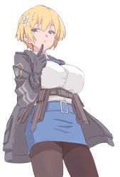 Rule 34 | 1girl, belt, black gloves, black jacket, black pantyhose, blonde hair, blue belt, blue eyes, blue ribbon, blue skirt, breasts, buckle, button gap, collared shirt, commentary, covered erect nipples, cowboy shot, eyebrows hidden by hair, finger to own chin, girls&#039; frontline, gloves, hair between eyes, hair ornament, highres, jacket, kannana, large breasts, long sleeves, looking to the side, magazine (weapon), miniskirt, mole, mole under eye, neck ribbon, open clothes, open jacket, pantyhose, parted lips, ribbon, shirt, shirt tucked in, short hair, sidelocks, simple background, skirt, snap-fit buckle, snowflake hair ornament, solo, standing, taut clothes, taut skirt, vsk-94 (girls&#039; frontline), white background, white shirt