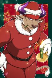Rule 34 | 1boy, animal ears, bara, belt, black belt, border, brown fur, candle, christmas, cow ears, cow horns, cow tail, facial hair, furry, furry male, gloves, goatee, green border, hat, headband, highres, holding, holding candle, horns, large pectorals, leaf, looking at viewer, male focus, minotaur, mouth hold, muscular, muscular male, parted lips, pectorals, purple eyes, purple horns, red headband, santa costume, santa hat, shennong (housamo), short hair, signature, smile, snowflake print, solo, stalk in mouth, star (symbol), tail, tokyo houkago summoners, upper body, white gloves, white hair, yanai inaya