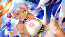 Rule 34 | 1girl, :o, animal hat, bare shoulders, blonde hair, blurry, bow, breasts, crab hair ornament, dark-skinned female, dark skin, depth of field, elbow gloves, gloves, hair ornament, hands up, hat, highres, hololive, hololive english, kurot, large breasts, long hair, looking at viewer, open mouth, planet hair ornament, rabbit hat, revision, sideboob, sparkle, star (symbol), starry background, tsukumo sana, tsukumo sana (1st costume), twintails, twitter username, virtual youtuber, white hair, yellow eyes