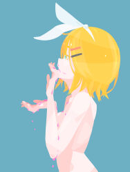 Rule 34 | 1girl, absurdres, blonde hair, blue background, blue eyes, bow, breasts, commentary request, completely nude, hair bow, hair ornament, hairclip, hara id 21, highres, kagamine rin, licking, licking hand, no lineart, nude, open mouth, profile, short hair, simple background, small breasts, solo, suggestive fluid, swept bangs, upper body, vocaloid, white bow