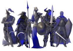 Rule 34 | 5others, ambiguous gender, armor, armored boots, axe, blue cape, blue skirt, boots, breastplate, cape, dual wielding, full armor, full body, gauntlets, helm, helmet, highres, holding, holding axe, holding polearm, holding shield, holding sword, holding weapon, horns, long skirt, multiple others, nira (nira box), original, pauldrons, plague doctor mask, plume, polearm, shield, shoulder armor, shoulder plates, side cape, skirt, spear, standing, sword, weapon