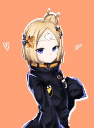 Rule 34 | 1girl, abigail williams (fate), abigail williams (traveling outfit) (fate), black bow, black jacket, blonde hair, blue eyes, blush, bow, brown background, closed mouth, commentary request, crossed bandaids, fate/grand order, fate (series), hair bow, hair bun, hand up, heart, heroic spirit traveling outfit, highres, jacket, koro (tyunnkoro0902), long hair, long sleeves, looking at viewer, official alternate costume, orange bow, outline, parted bangs, polka dot, polka dot bow, single hair bun, sleeves past fingers, sleeves past wrists, solo, star (symbol), white outline