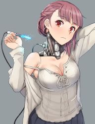 Rule 34 | 1girl, android, android girl (itou), breasts, brown eyes, brown hair, cable, cleavage, commentary request, dress, electricity, grey background, holding, holding hair, itou (onsoku tassha), looking at viewer, mechanical parts, medium breasts, original, solo