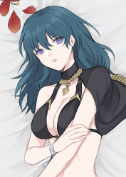 Rule 34 | 1girl, absurdres, bare shoulders, bed sheet, bikini, black bikini, black capelet, blue eyes, blue hair, breasts, byleth (female) (fire emblem), byleth (fire emblem), capelet, cleavage, commentary request, fire emblem, fire emblem: three houses, fire emblem heroes, flower, hair between eyes, highres, long hair, lying, navel, nintendo, official alternate costume, on back, parted lips, petals, shimizu akina, solo, stomach, swimsuit, upper body