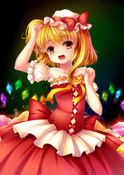 Rule 34 | 1girl, :d, adapted costume, arm up, bad id, bad pixiv id, bare shoulders, bell line gown, blonde hair, blush, bow, collarbone, detached sleeves, detached wings, dress, fang, female focus, flandre scarlet, gown, gradient background, gradient eyes, grandia bing, hand in own hair, hat, hat bow, highres, lolita fashion, mini hat, multicolored eyes, open mouth, orange eyes, puffy sleeves, red eyes, short hair, short sleeves, side ponytail, smile, solo, strapless, strapless dress, sweet lolita, touhou, wings
