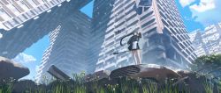 Rule 34 | 1girl, black hair, blue sky, building, car, collapsed, day, drone, gan-viking, grass, highres, holding, holding weapon, long hair, motor vehicle, nature, original, ruins, scenery, sky, skyscraper, solo, standing, tagme, weapon, wide shot, wide sleeves