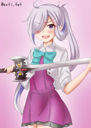 Rule 34 | 1girl, ahoge, anti (untea9), aqua bow, aqua bowtie, asashimo (kancolle), asashimo kai ni (kancolle), blazer, bow, bowtie, commentary request, dress, fang, gradient background, grey eyes, grey hair, grey jacket, hair over one eye, highres, jacket, kantai collection, long hair, one-hour drawing challenge, pink background, pleated dress, ponytail, purple dress, school uniform, sharp teeth, skin fang, sleeves rolled up, smile, solo, teeth, twitter username
