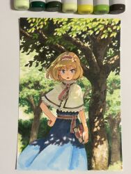 Rule 34 | 1girl, alice margatroid, blonde hair, blue dress, blue eyes, book, capelet, dress, frilled hairband, frills, grimoire, grimoire of alice, hairband, highres, holding, holding book, lolita hairband, looking at viewer, marker (medium), photo (medium), red hairband, shadow, shiratama (hockey), short hair, solo, touhou, traditional media, tree, white capelet