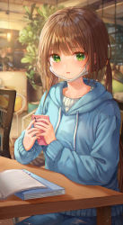 Rule 34 | 1girl, absurdres, blue hoodie, blue jacket, blurry, blurry background, blush, brown hair, cellphone, chair, green eyes, highres, holding, holding phone, hood, hoodie, huge filesize, indoors, jacket, long hair, looking at viewer, mask, mouth mask, notebook, open mouth, original, phone, plant, shirt, sitting, solo, starlime, table, twintails, white shirt, window