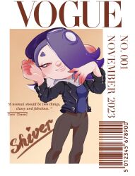Rule 34 | 1girl, 2023, alternate costume, barcode, blue hair, blush, cover, cowboy shot, dated, english text, facing viewer, fashion, hair over one eye, hat, head tilt, highres, jacket, looking at viewer, magazine cover, nintendo, november, octoling player character, red eyes, scarf, shiver (splatoon), smile, solo, splatoon (series), splatoon 3, tentacle hair, vincenciel, vogue (magazine)