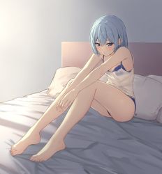 Rule 34 | 1girl, bare legs, barefoot, bed, blue bra, blue eyes, blue hair, blue panties, blush, bra, breasts, camisole, envyvanity, feet, highres, hololive, hoshimachi suisei, panties, pillow, see-through, sitting, small breasts, solo, star-shaped pupils, star (symbol), symbol-shaped pupils, underwear, virtual youtuber