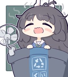 Rule 34 | 1girl, ahoge, arrow (symbol), black hair, blue archive, blue shirt, blush stickers, chibi, closed eyes, commentary, electric fan, grey halo, hair flaps, halo, hands up, hot, miyu (blue archive), no nose, open mouth, recycle bin, recycling symbol, sailor collar, shirt, umihio, upper body, white sailor collar