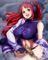 Rule 34 | 1girl, antique firearm, bare shoulders, blush, breasts, bubble, curvy, female focus, firearm, firelock, flintlock, glasses, gloves, gun, gym uniform, highres, jacket, large breasts, looking at viewer, midriff, navel, one piece, red eyes, red hair, smile, solo, thick thighs, thighs, vegapunk york, weapon, wide hips