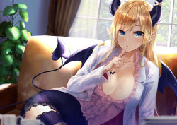 Rule 34 | 1girl, arm support, black wings, blonde hair, blurry, blurry foreground, blush, breasts, cleavage, collarbone, collared shirt, commentary, couch, cup, curtains, day, demon girl, demon horns, demon tail, demon wings, finger to mouth, floral print, frilled shirt, frills, green eyes, highres, hololive, horns, indoors, konkito, lace, lace-trimmed legwear, lace-trimmed skirt, lace trim, large breasts, long hair, long sleeves, looking at viewer, pencil skirt, pink skirt, plant, pointy ears, potted plant, print skirt, print thighhighs, purple skirt, purple thighhighs, rose print, shirt, shushing, skirt, solo, steam, sunlight, tail, thighhighs, virtual youtuber, window, wings, yuzuki choco, yuzuki choco (1st costume)