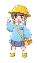 Rule 34 | 1girl, :d, bag, blue shirt, blue skirt, blush stickers, brown eyes, brown hair, child, collared shirt, fang, full body, hair bobbles, hair ornament, hand up, hat, highres, kindergarten bag, kindergarten uniform, loafers, long hair, long sleeves, looking at viewer, low twintails, naga u, open mouth, original, pleated skirt, puffy long sleeves, puffy sleeves, school hat, shirt, shoes, simple background, skirt, sleeves past wrists, smile, socks, solo, standing, twintails, v, white background, white socks, yellow footwear, yellow hat